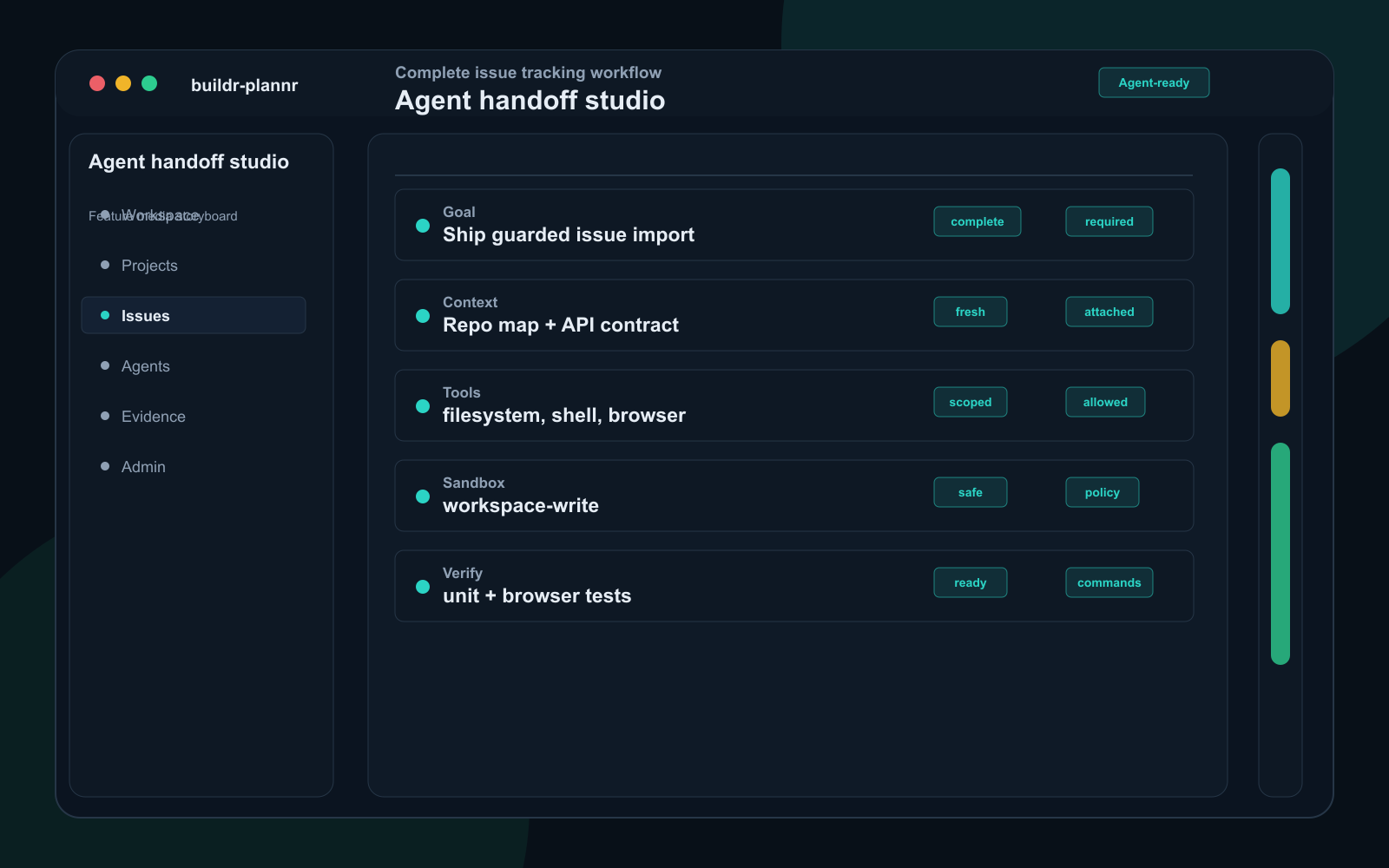 Agent handoff workspace showing a task contract, context pack preview, allowed tools, sandbox policy, and readiness checks.
