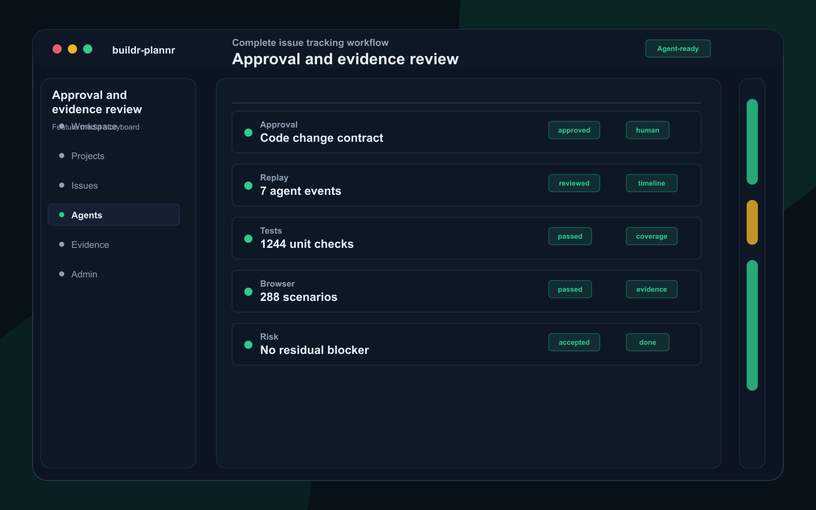 Review surface with approval gates, evidence cards, test results, screenshots, replay timeline, and residual risk summary.