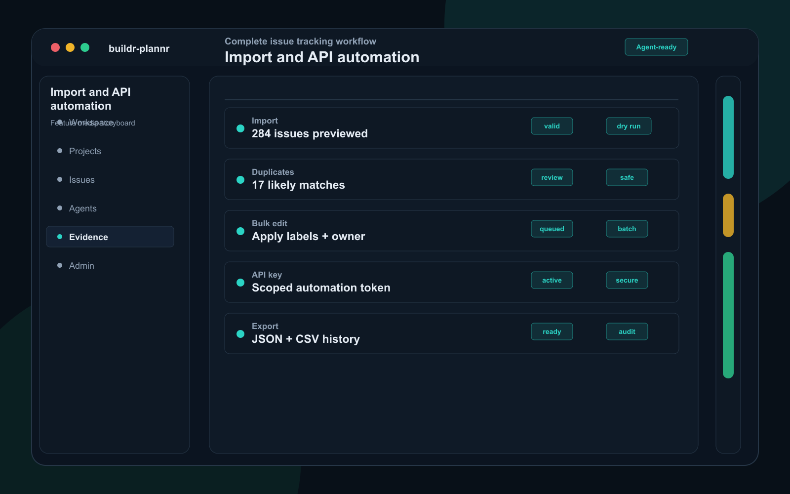 Import and automation dashboard with dry-run diff, duplicate detection, bulk update queue, API key panel, and export history.