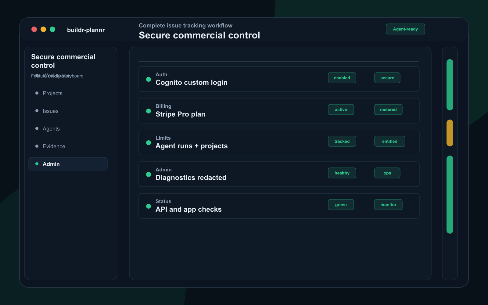 Admin and billing dashboard showing Cognito-secured access, Stripe plan limits, diagnostics, security posture, and status monitors.
